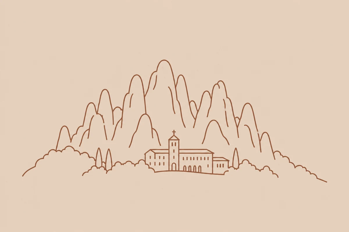 岩山と修道院を簡略化した生成イラスト。実際の登山経路や建築図ではありません