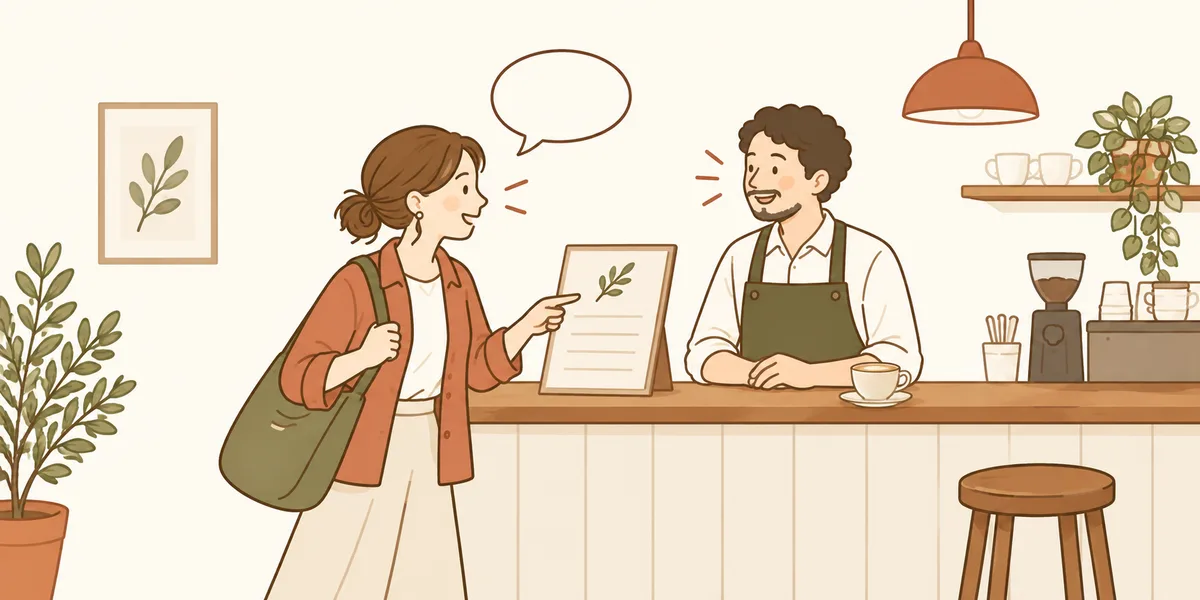 カフェのメニューを見ながら注文する旅行者のイラスト