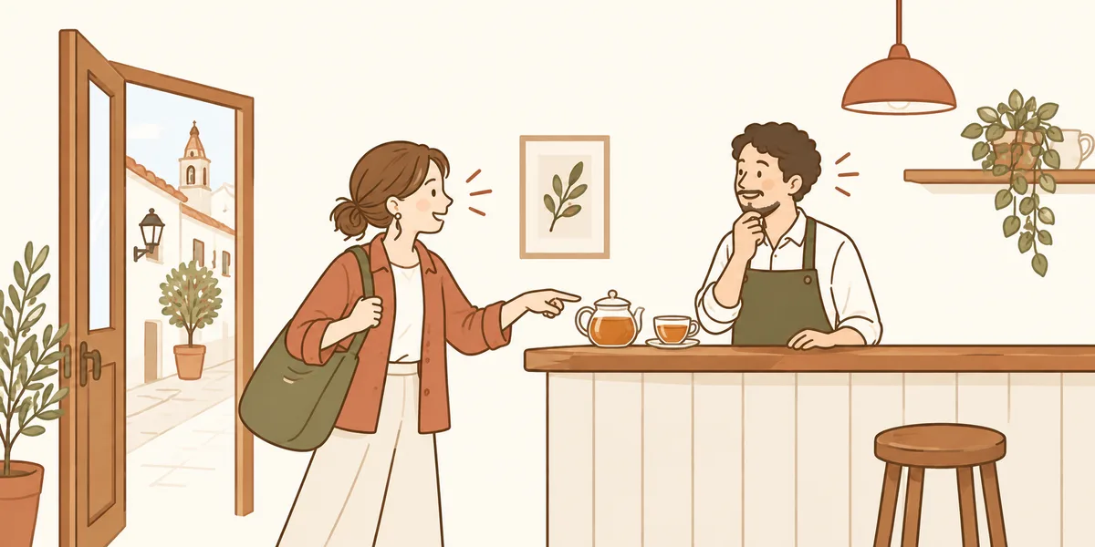 紅茶を指しながら注文する旅行者のイラスト