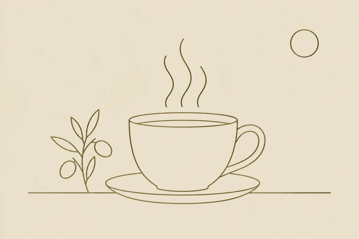 湯気の立つコーヒーとオリーブの線画