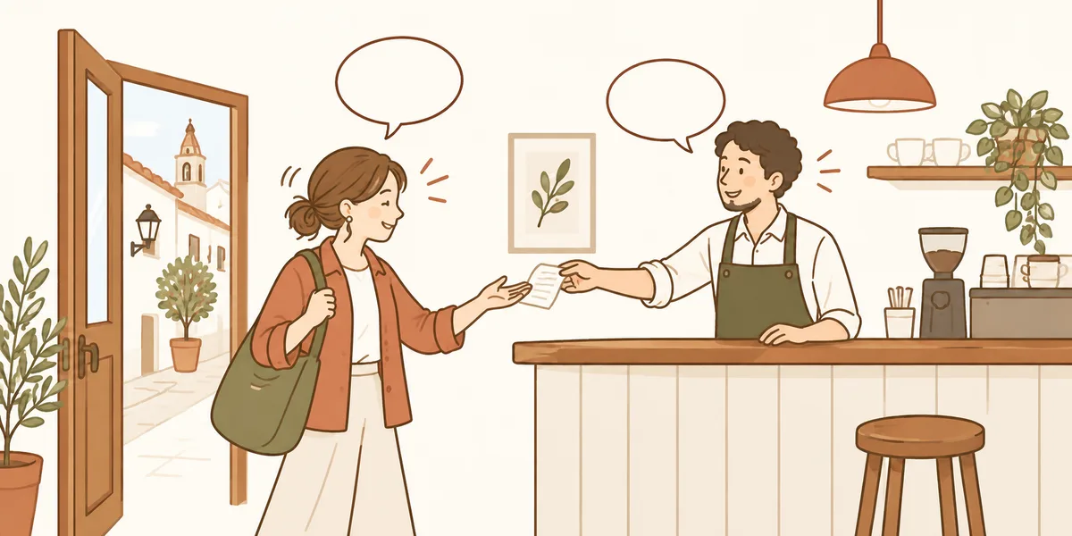 店員からレシートを受け取り、お礼を言う旅行者のイラスト