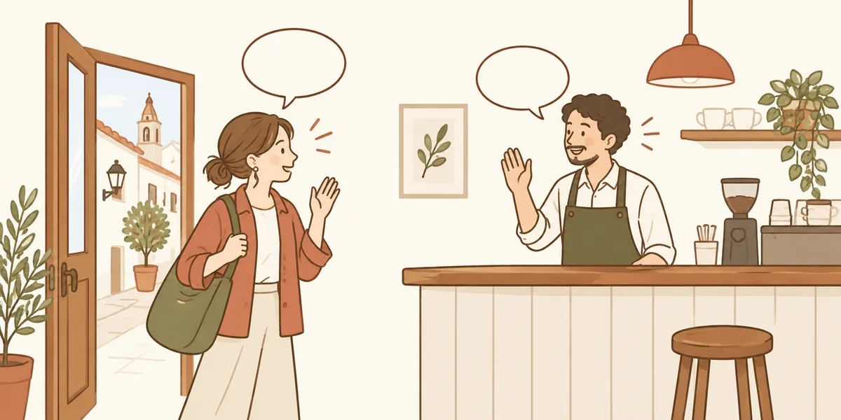 カフェであいさつする旅行者と店員のイラスト