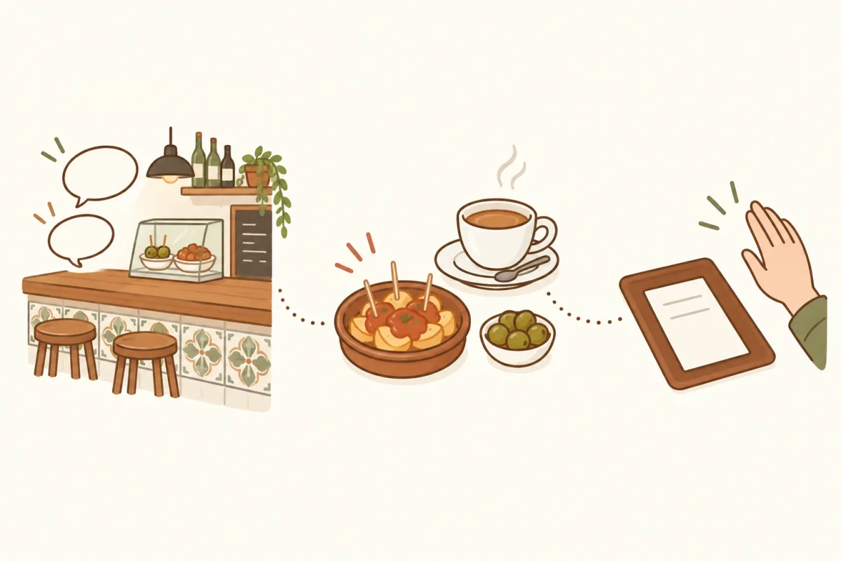 あいさつから注文、会計のお願いへ。お店でのやり取りを表したAI生成イラストです。料理の量や頼み方はお店で確認しましょう。