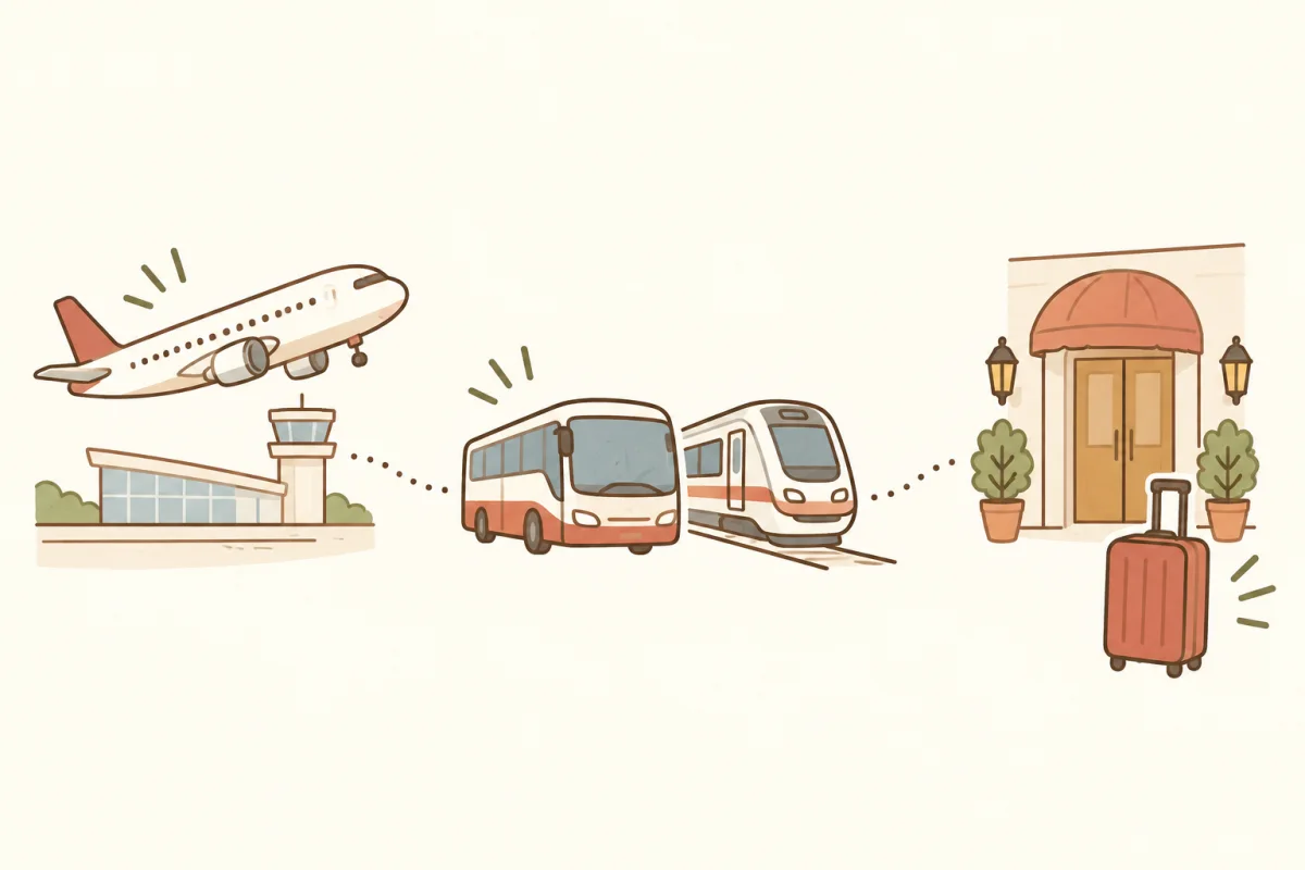 空港から宿の入口までを一続きで考える。AI生成イラストです。バスと鉄道は選択肢の例で、実際の車両や乗換経路を示す図ではありません。