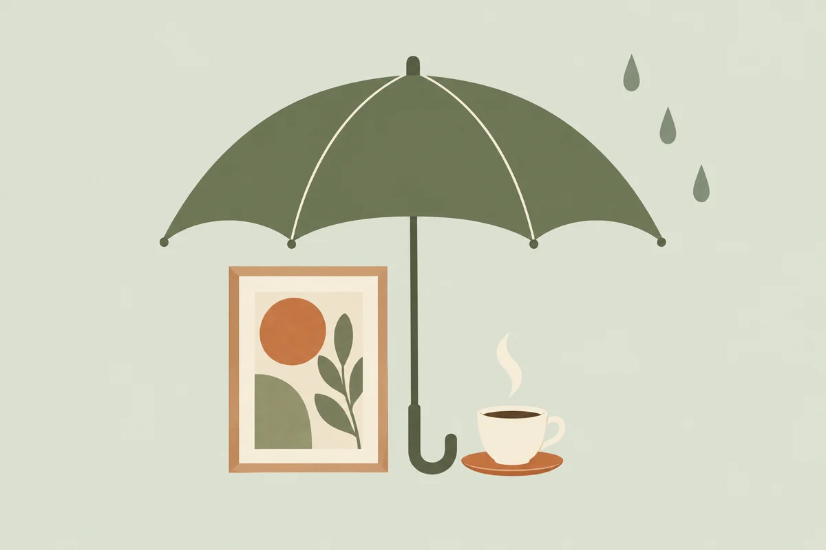 傘の下の額とコーヒーカップで、雨の日の美術館と休憩を表した生成イラスト