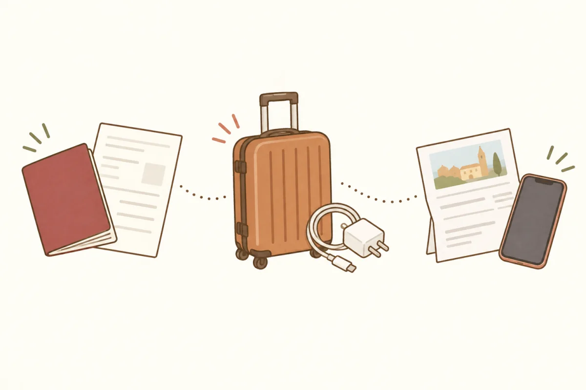 旅の書類、荷物と充電、予約の控えをひとまとめに。AI生成イラストです。書類や充電器は概念図で、実際に必要な様式・規格を示すものではありません。