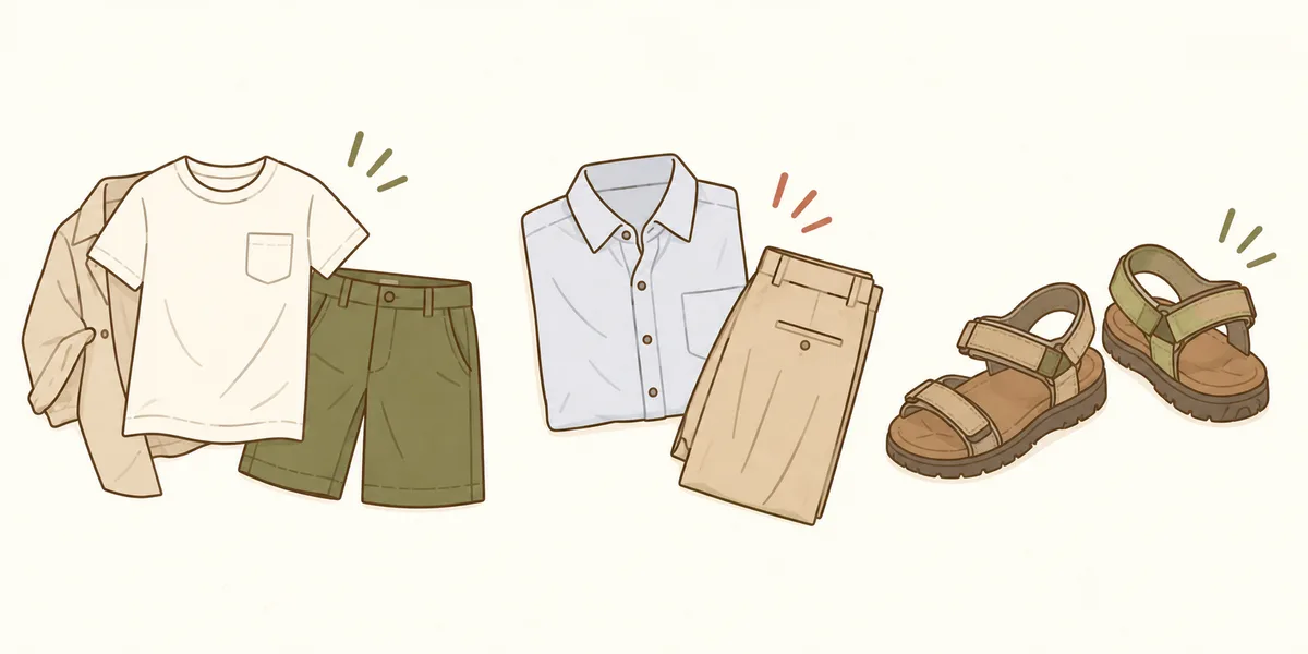 夏の普段着、レストラン用の服、かかとを固定できるサンダルのイラスト