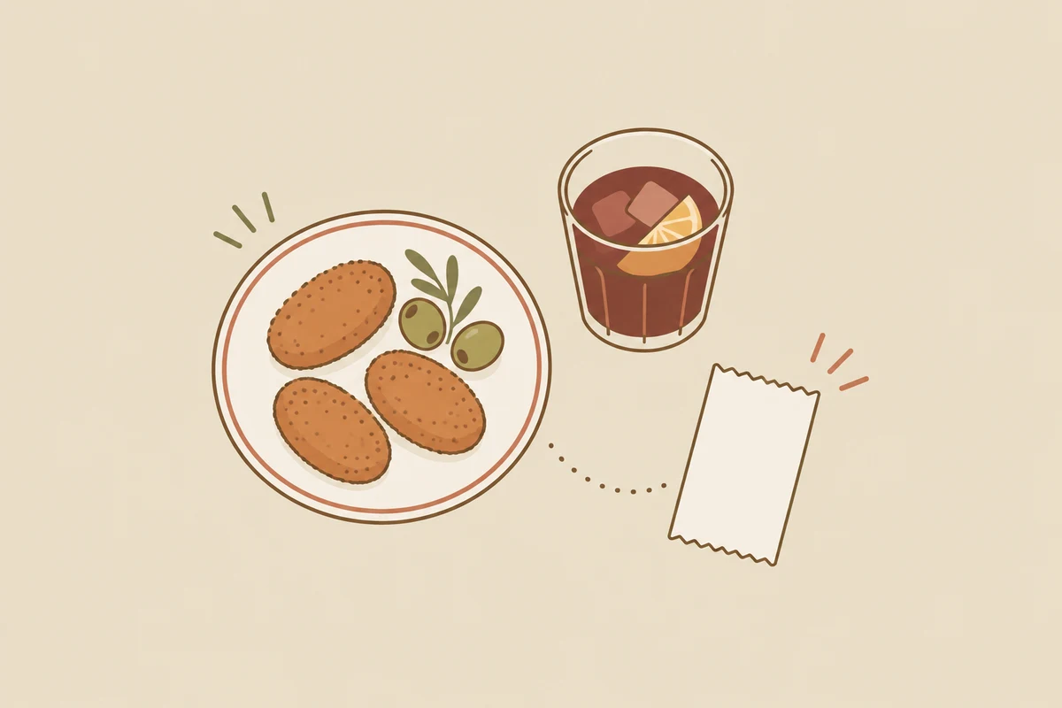 小皿のクロケタスとオリーブ、飲み物、空白の伝票の生成イラスト。実際の提供量や料金は示していません