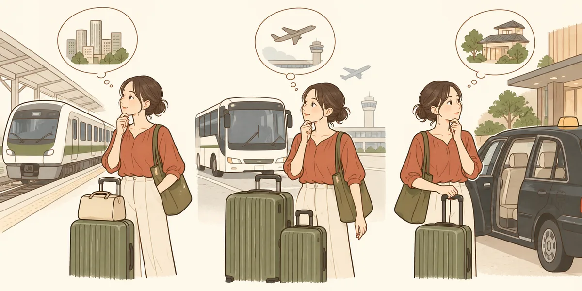 荷物と行き先に合わせて列車・バス・タクシーを比べるイラスト