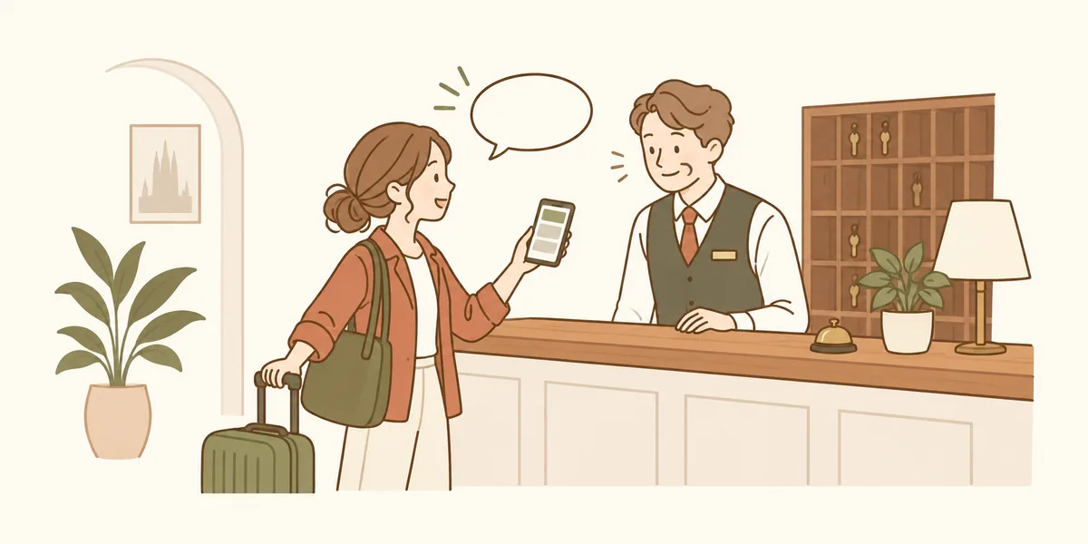 ホテルの受付で予約画面を見せる旅行者のイラスト