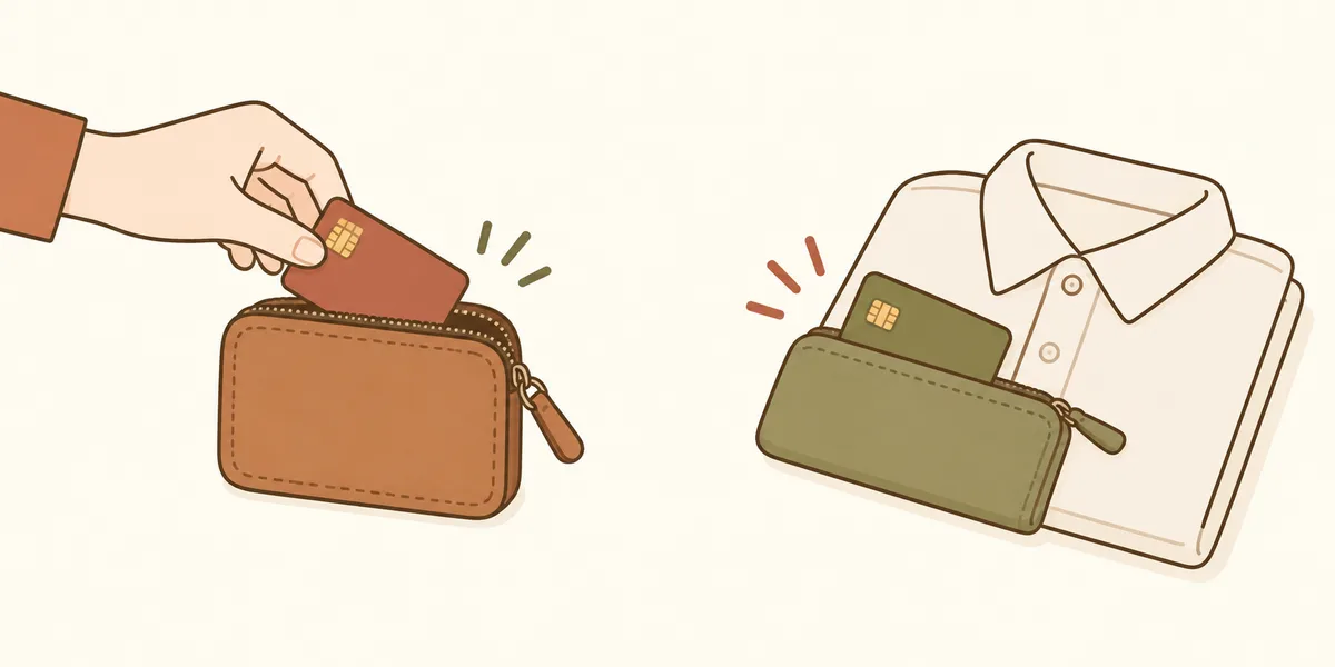 予備カードを別々の財布に分けるイラスト