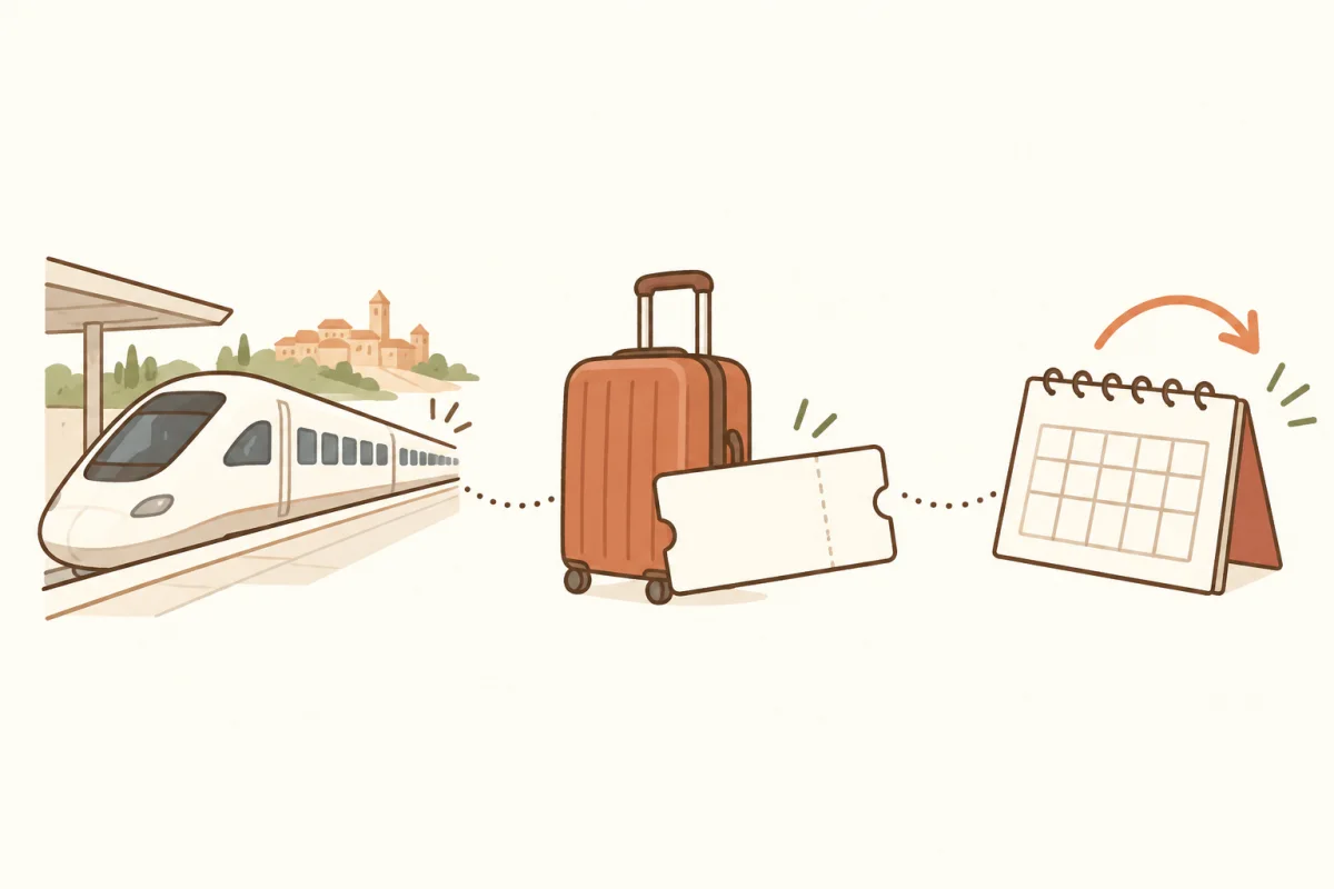 列車・荷物・変更条件をそろえて見比べる。AI生成イラストです。特定の鉄道会社の車両・切符・時刻表ではありません。