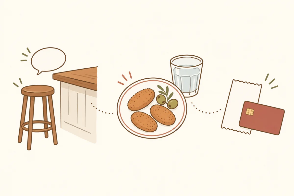 バルの椅子と吹き出し、小皿料理と水、伝票とカードを並べた注文の流れのイラスト