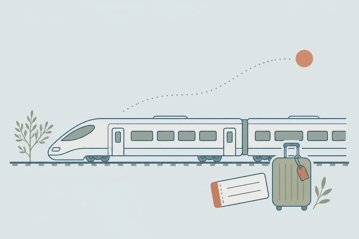 都市間列車とスーツケース、券を組み合わせた生成イラスト