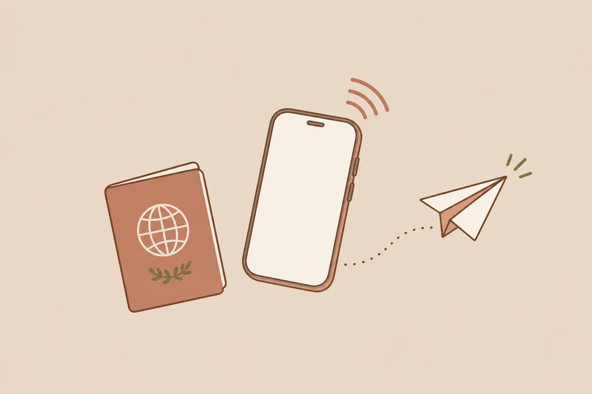 スマホと旅券風の小冊子、紙飛行機を描いた生成イラスト。実際の設定画面ではありません