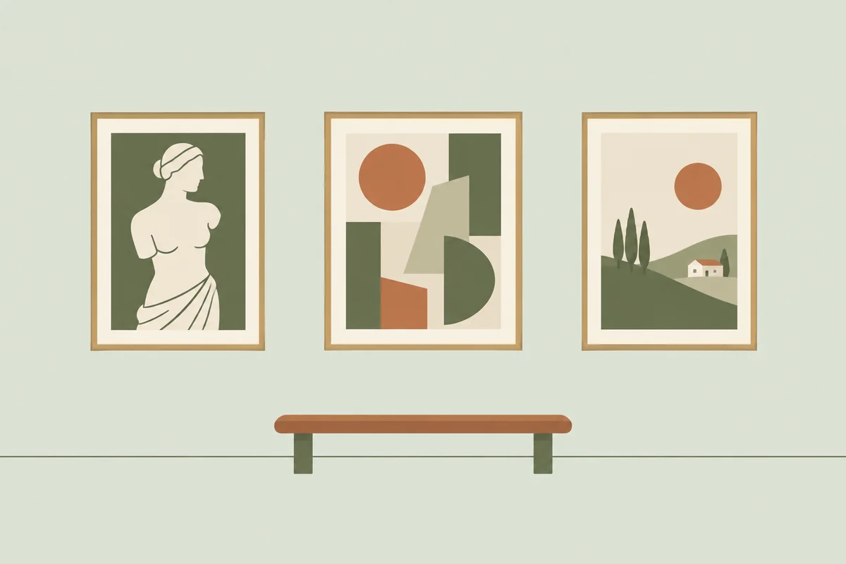 古典風の人物・抽象画・風景画の三枚の額とベンチの生成イラスト。実際の収蔵作品や展示室ではありません