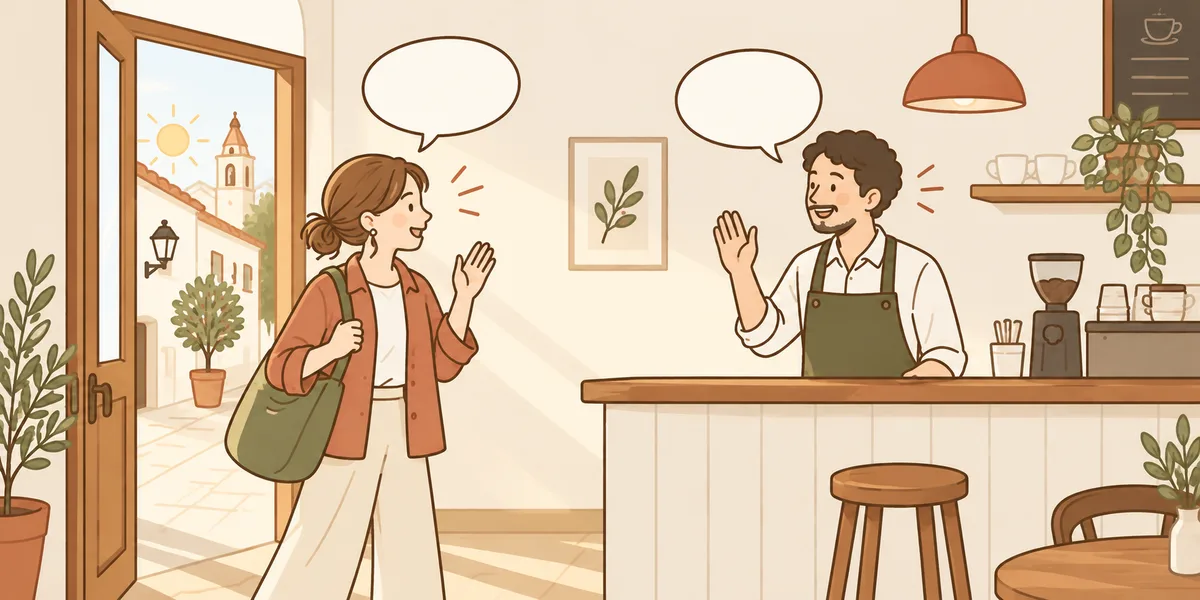 朝の光が入るカフェであいさつを交わすイラスト