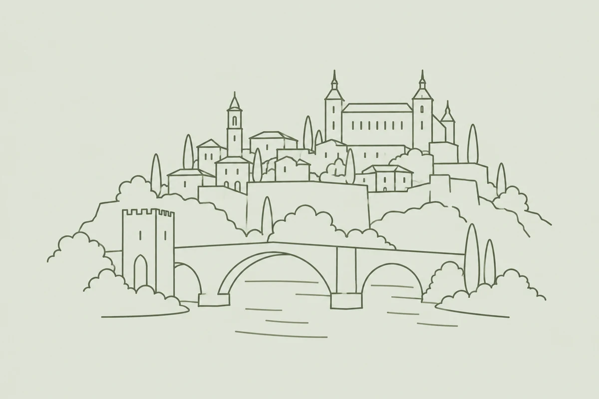 トレドをイメージした丘の街と橋、川の生成イラスト。実際の観光ルート図ではありません