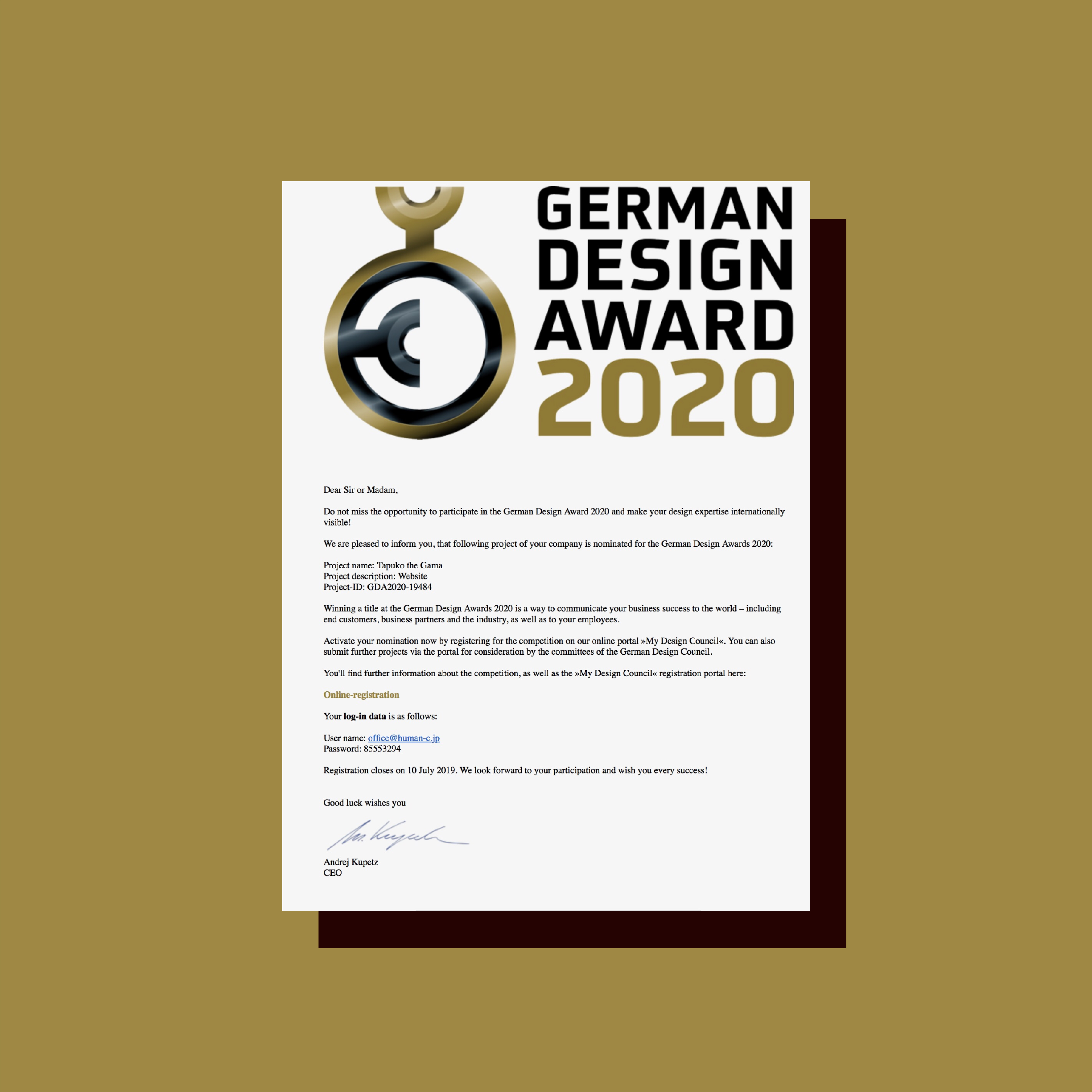 ドイツのデザイン賞、German Design Award 2020、Award Certificate