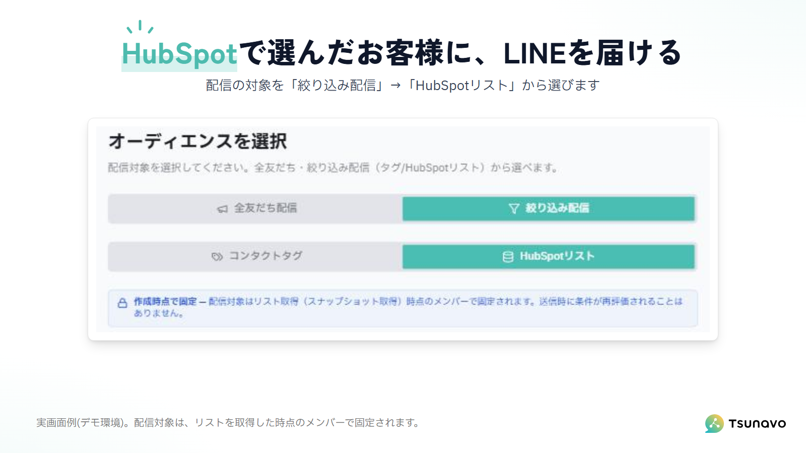 Tsunavoの一斉配信で、配信対象を「絞り込み配信」→「HubSpotリスト」から選ぶ実画面例(デモ環境)