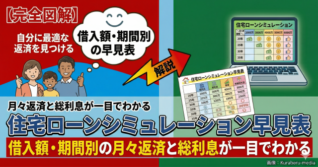 住宅ローンシミュレーション早見表｜借入額・期間別の月々返済と総利息が一目でわかる