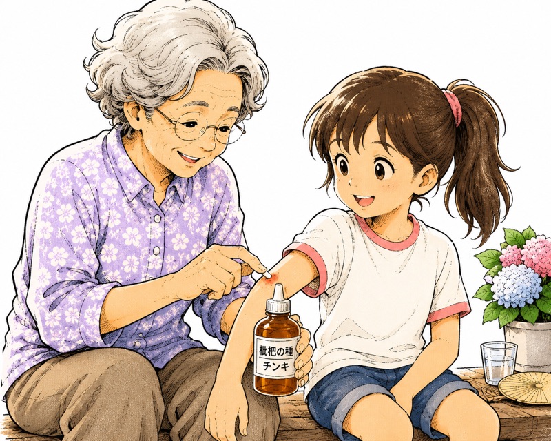 枇杷の種のチンキを孫の腕に塗るおばあちゃんのイラスト