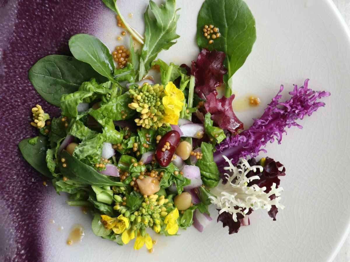白と紫の器に盛った、菜の花の花と葉、紫キャベツ、豆、ベビーリーフのサラダ