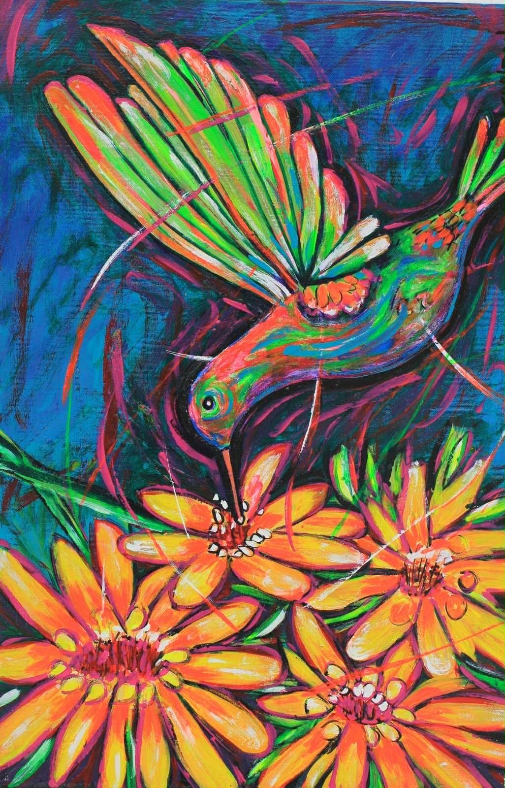 花の蜜を吸うハチドリを描いたホセ・バスティダス氏の作品