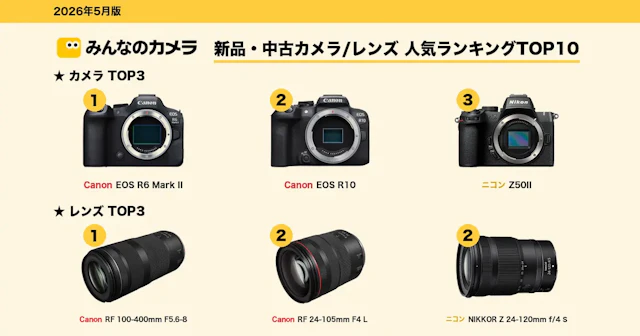 【2026年5月版】新品・中古カメラ/レンズ人気TOP10ランキング！Canon EOS R6 Mark IIが首位、レンズは軽量望遠RF 100-400が首位獲得