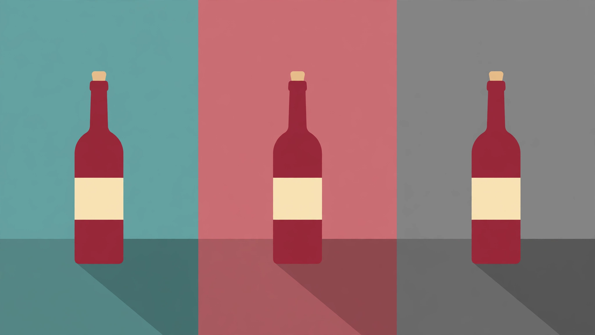 The same wine bottle in three different background scenes