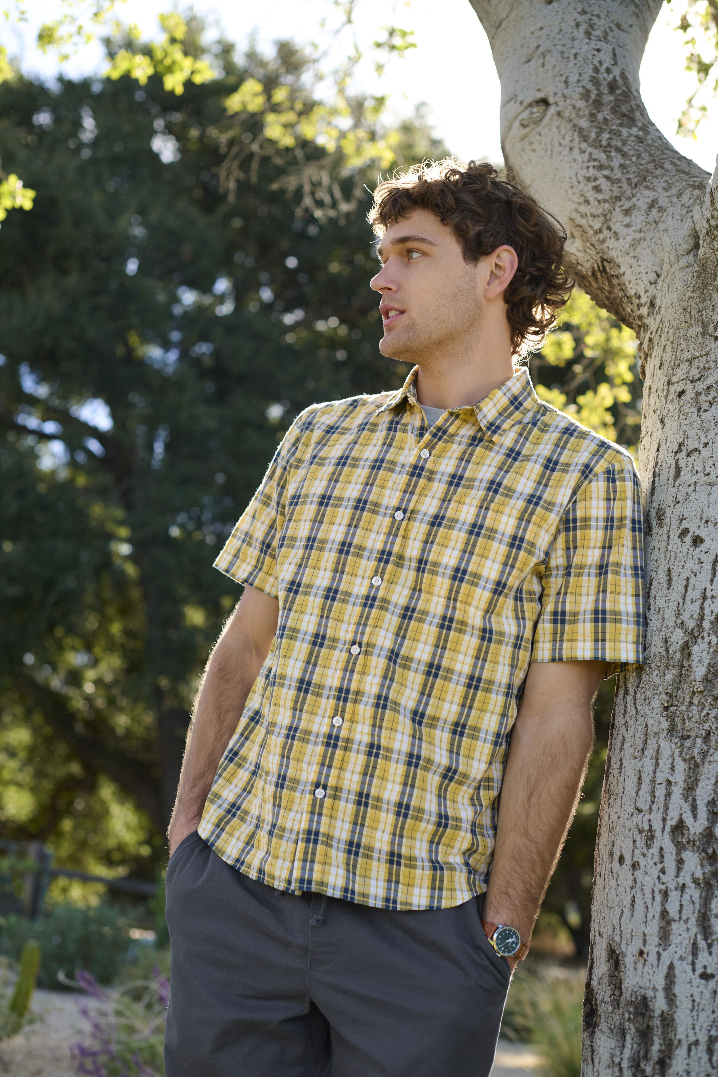 メンズ オーガニック・コットン・シアサッカー・シャツ、半袖 プラッド