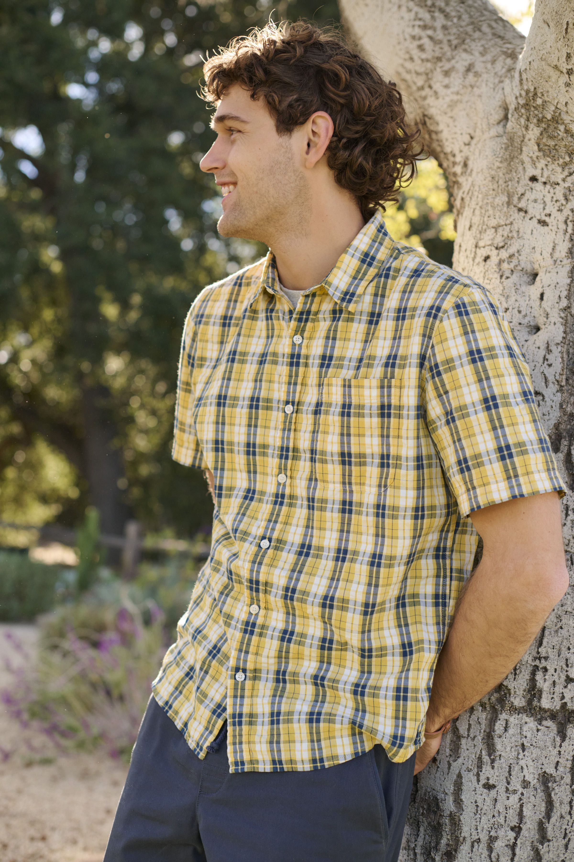 メンズ オーガニック・コットン・シアサッカー・シャツ、半袖 プラッド