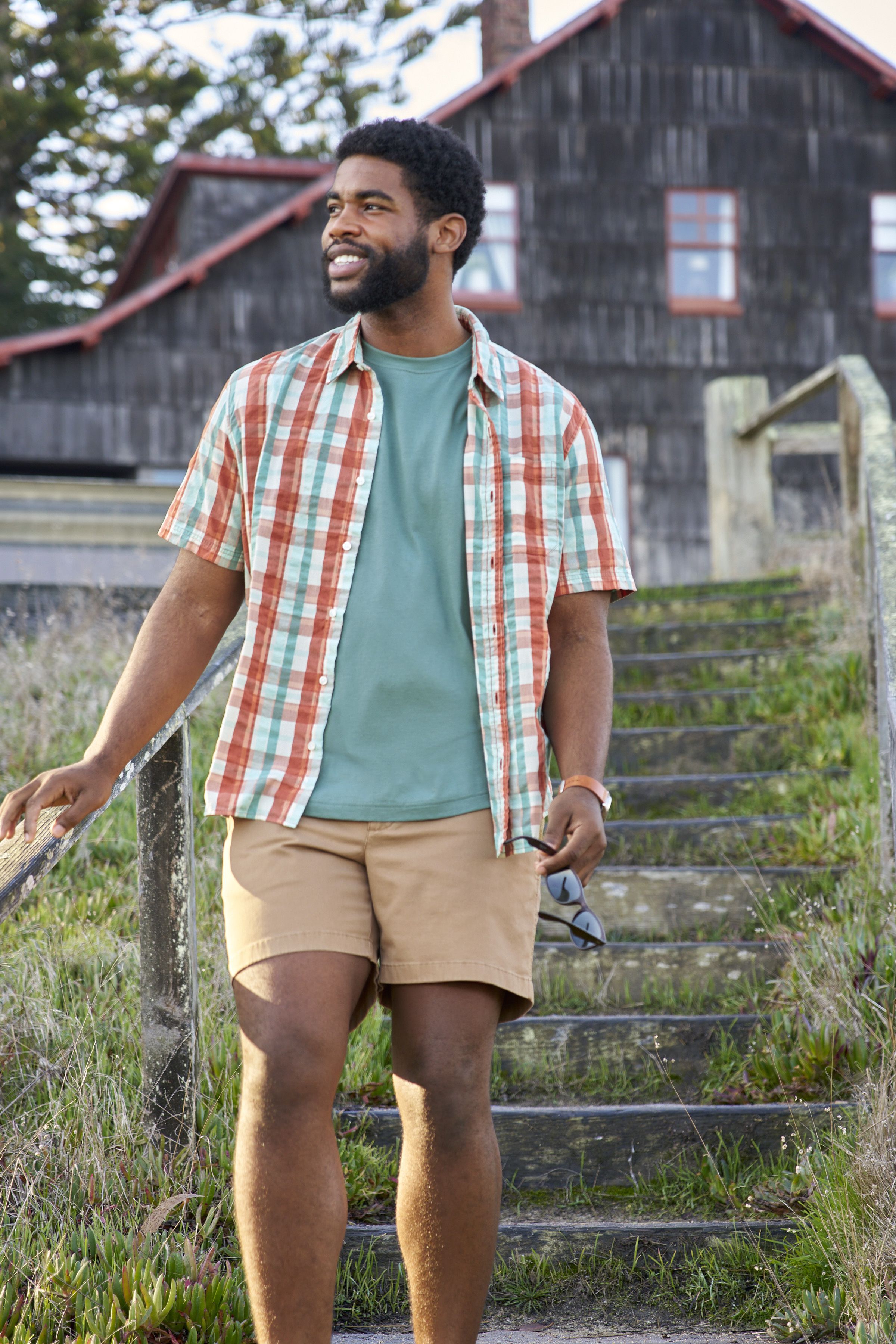 メンズ オーガニック・コットン・シアサッカー・シャツ、半袖 プラッド