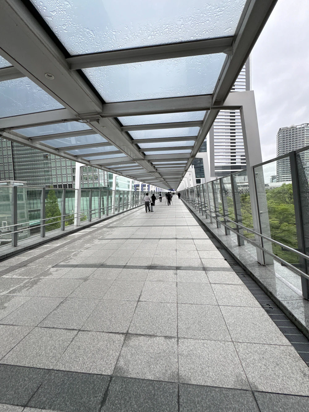 ガラス屋根の空中歩廊を渡る