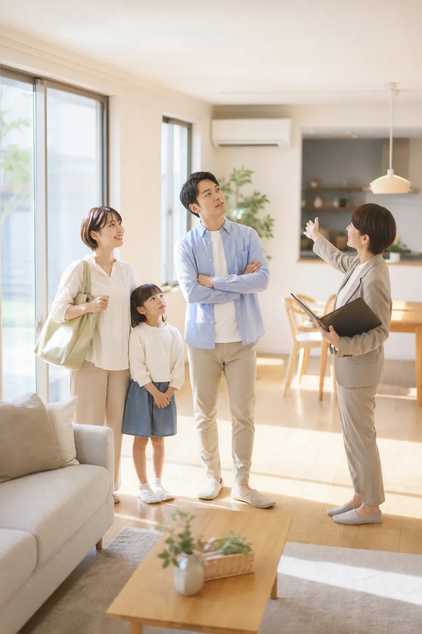 物件の内覧をする家族