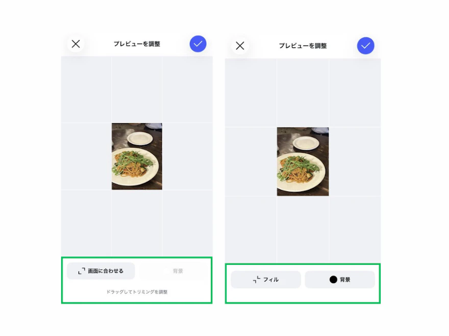 プレビューを調整画面で「画面に合わせる」と、フィル・背景の切り替えボタンを示した2枚の操作画面