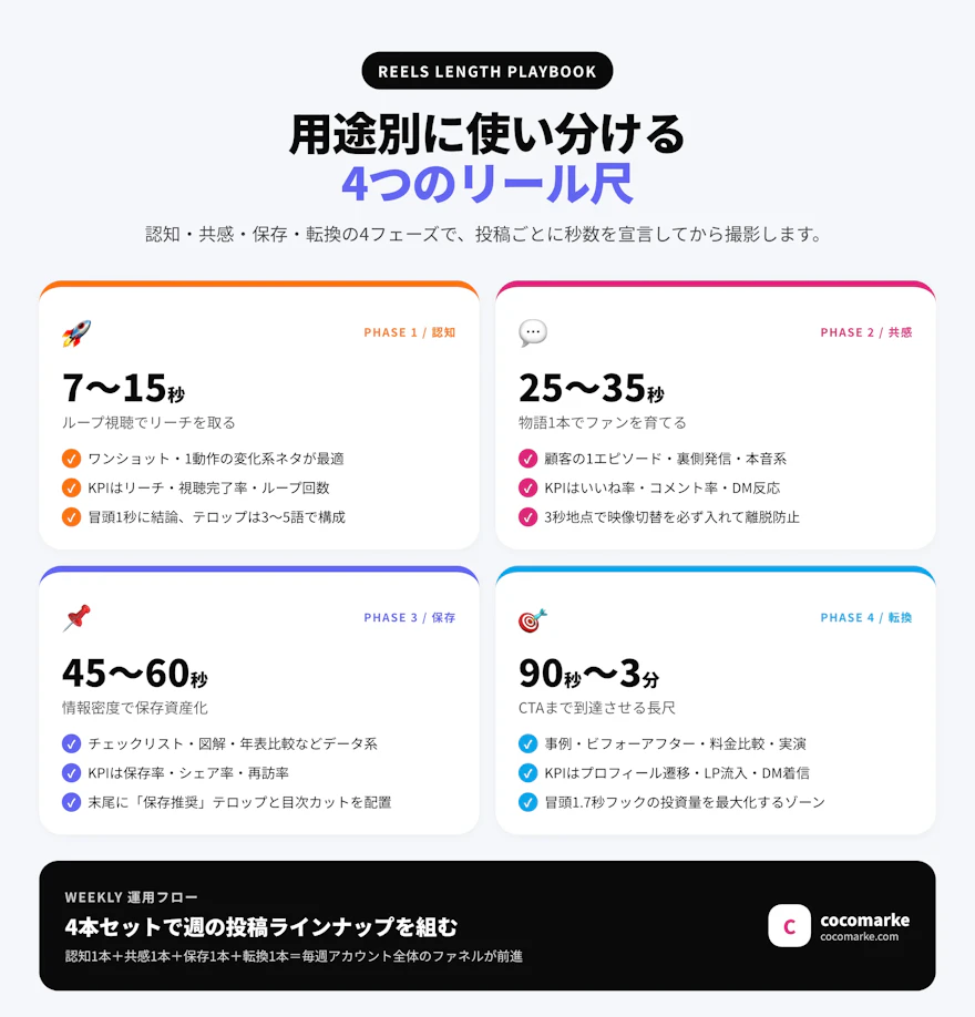 認知・共感・保存・転換の4フェーズに合わせて7秒・30秒・45〜60秒・90秒以上を割り当てる用途別リール尺マトリクスチャート