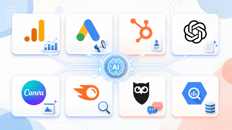 Googleアナリティクス、Google広告、HubSpot、Canva、Semrushなど主要AIマーケティングツールのロゴを並べた図