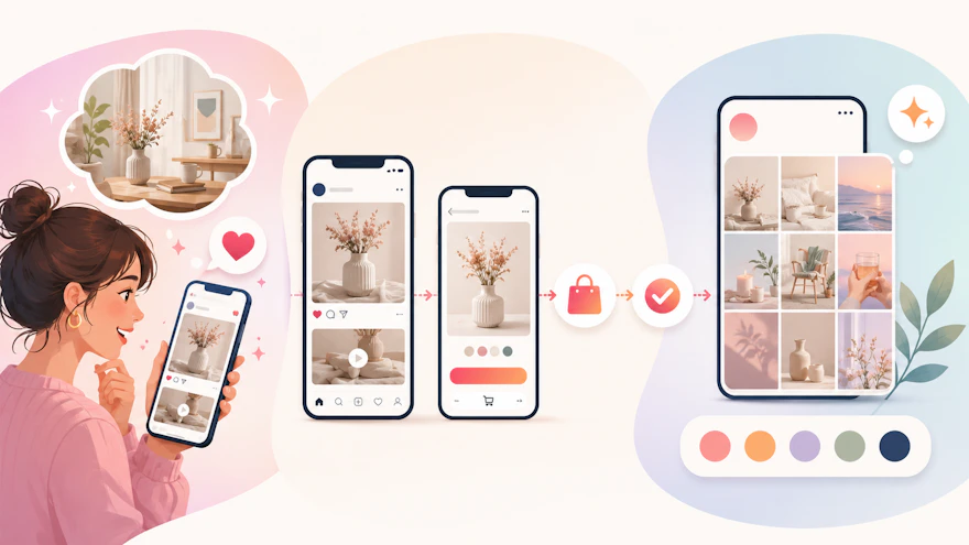 スマホで投稿を見た女性が商品ページから購入に進みブランドの世界観に触れるまでの流れを描いた図