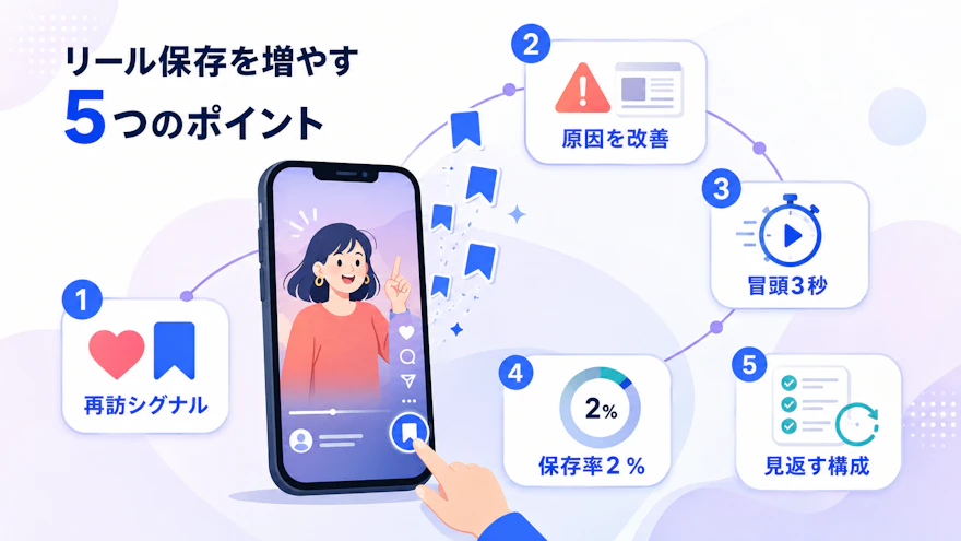 再訪シグナルや冒頭3秒、保存率2%などリールの保存数を増やす5つのポイントを示した図