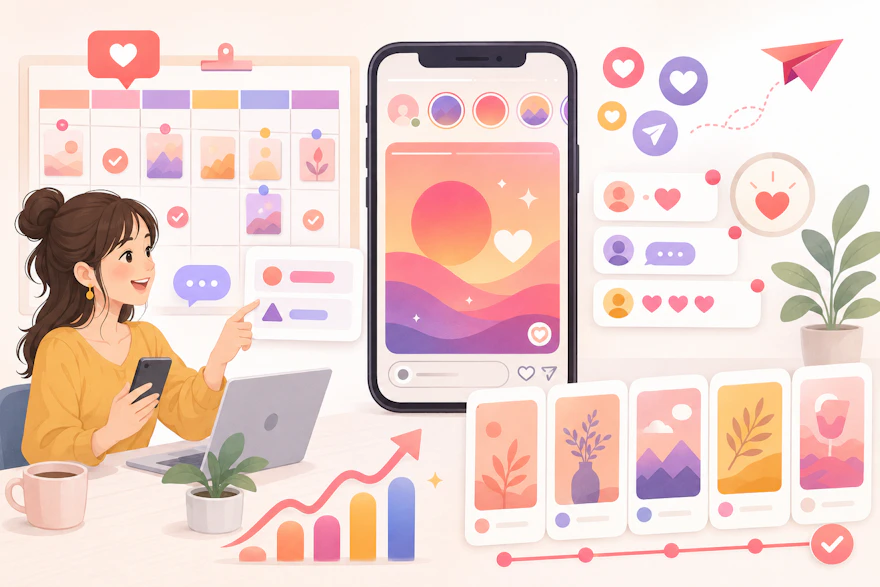 スマートフォンのストーリーズ画面と投稿カレンダー、反応の伸びを見る女性のイラスト