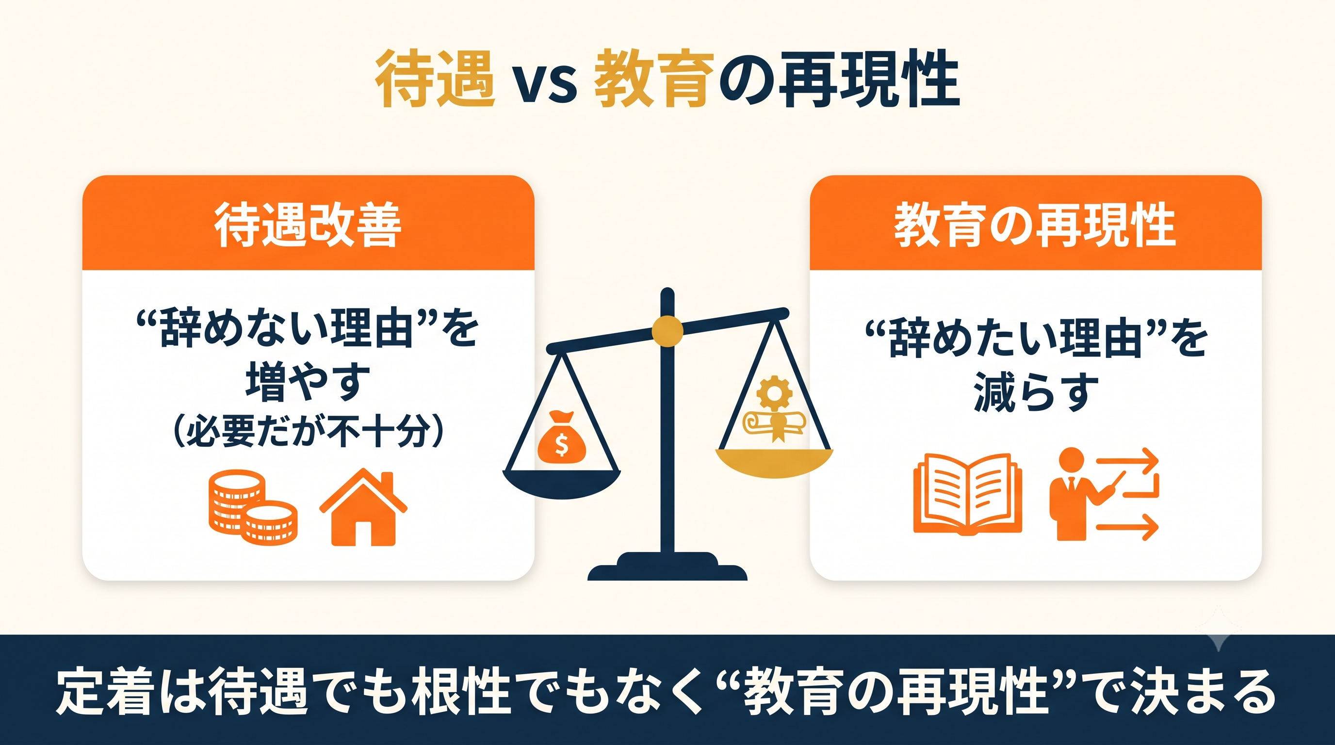 「待遇 vs 教育の再現性」と題されたインフォグラフィック。左右のカードと中央の天秤で2項対比を示しています。
左のカードには「待遇改善: “辞めない理由”を増やす(必要だが不十分)」、右のカードには「教育の再現性: “辞めたい理由”を減らす」と記載され、中央の天秤は右側の「教育の再現性」に重きがあるように傾いています。
最下部の濃紺の結論帯には「定着は待遇でも根性でもなく“教育の再現性”で決まる」と書かれています。