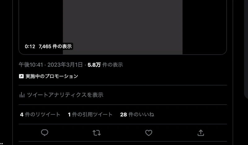 プロモーションのインプレッション。5.8万件の表示、4件のリツイート、1件の引用、28件のいいね