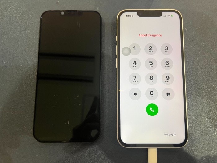 あいふぉん　アイフォン　iPhone 14 画面割れ　ひび割れ　ガラス破片　液晶もれ　表示不良　タッチ効かない　画面真っ暗　画面　修理　交換
