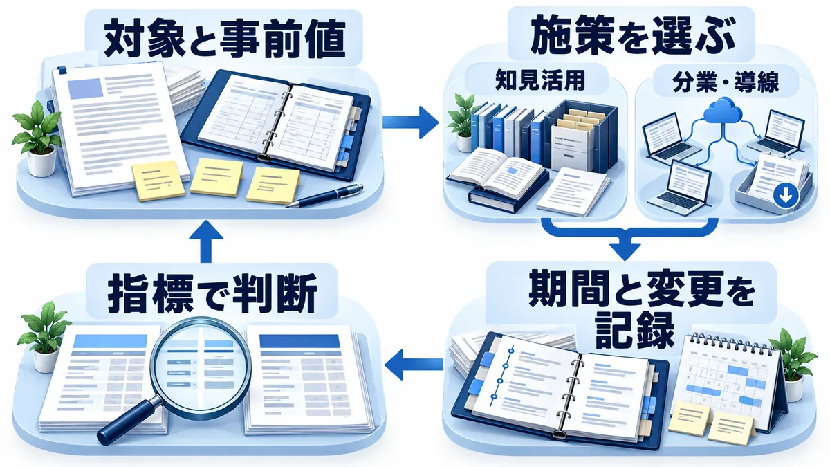 対象と事前値を決め、知見活用か分業・導線の施策を選び、期間と変更を記録して指標で判断する循環