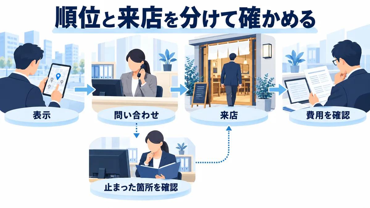 地図での表示から問い合わせ、来店、費用評価へ進み、途中の問題も確認する図
