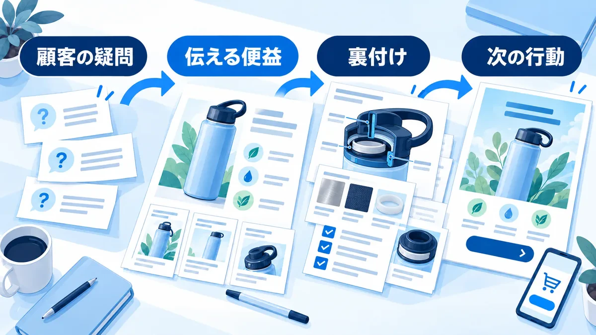 顧客の疑問から便益、商品資料の裏付け、次の行動へ情報を組み立てる順序