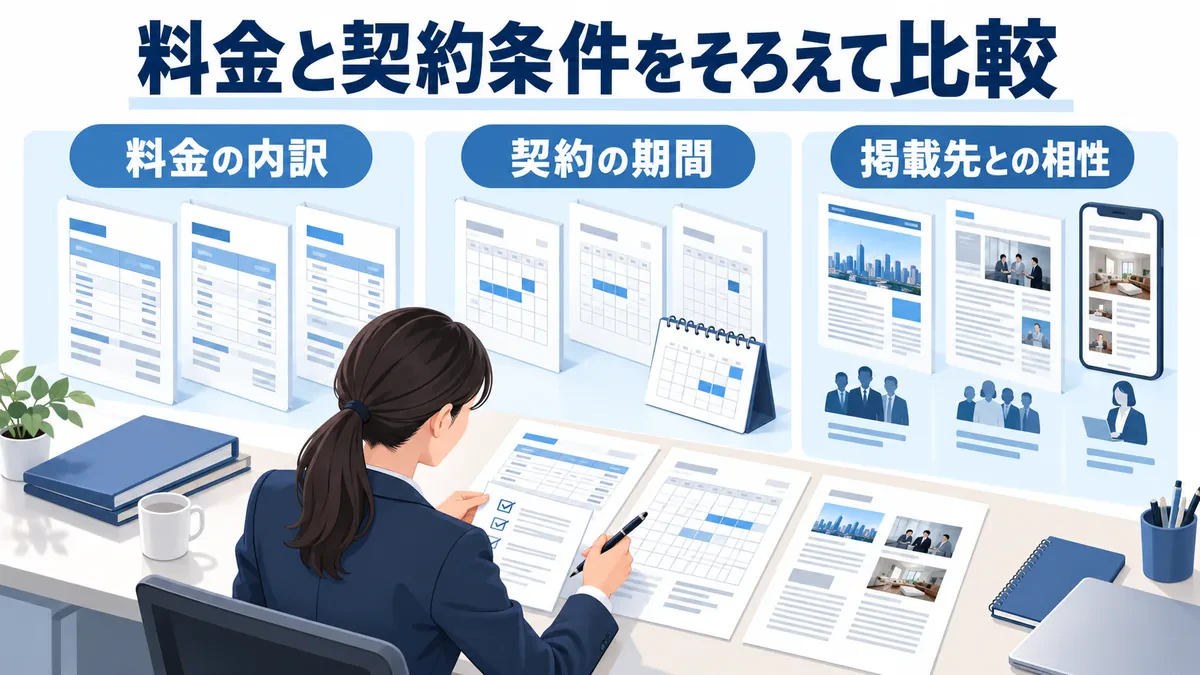 料金の内訳、契約の期間、掲載先との相性を、資料を並べて照合する担当者。