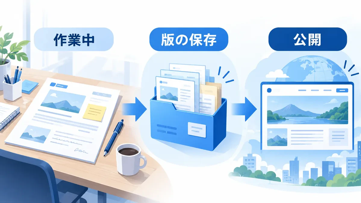 作業中の設定、版の保存、公開を別段階として示す