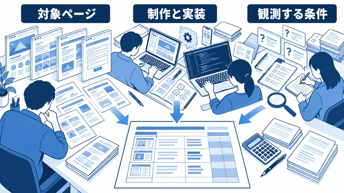 対象ページ、制作と実装、回答を観測する条件を見積書の対応する行へまとめる関係